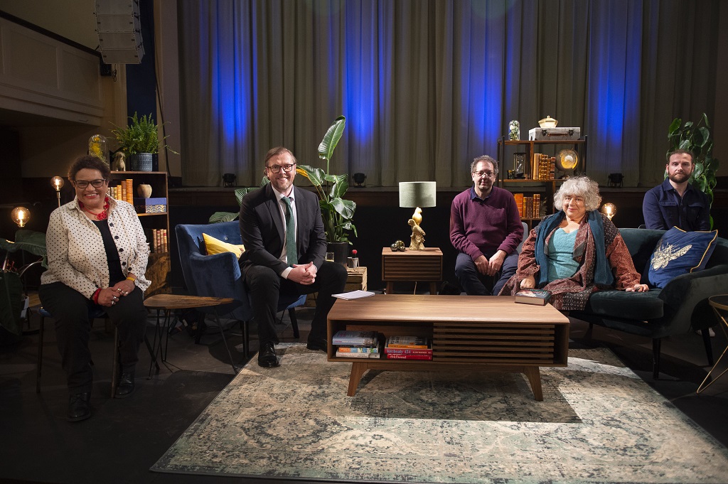Programme Name: The Big Scottish Book Club  - TX: 05/12/2021 - Episode: n/a (No. 6/8) - Picture Shows: Jackie Kay, host Damian Barr, Pete Paphides, Miriam Margolyes, and John Gerard Fagan  - (C) IWC/Banijay - Photographer: Daisy Honeybunn