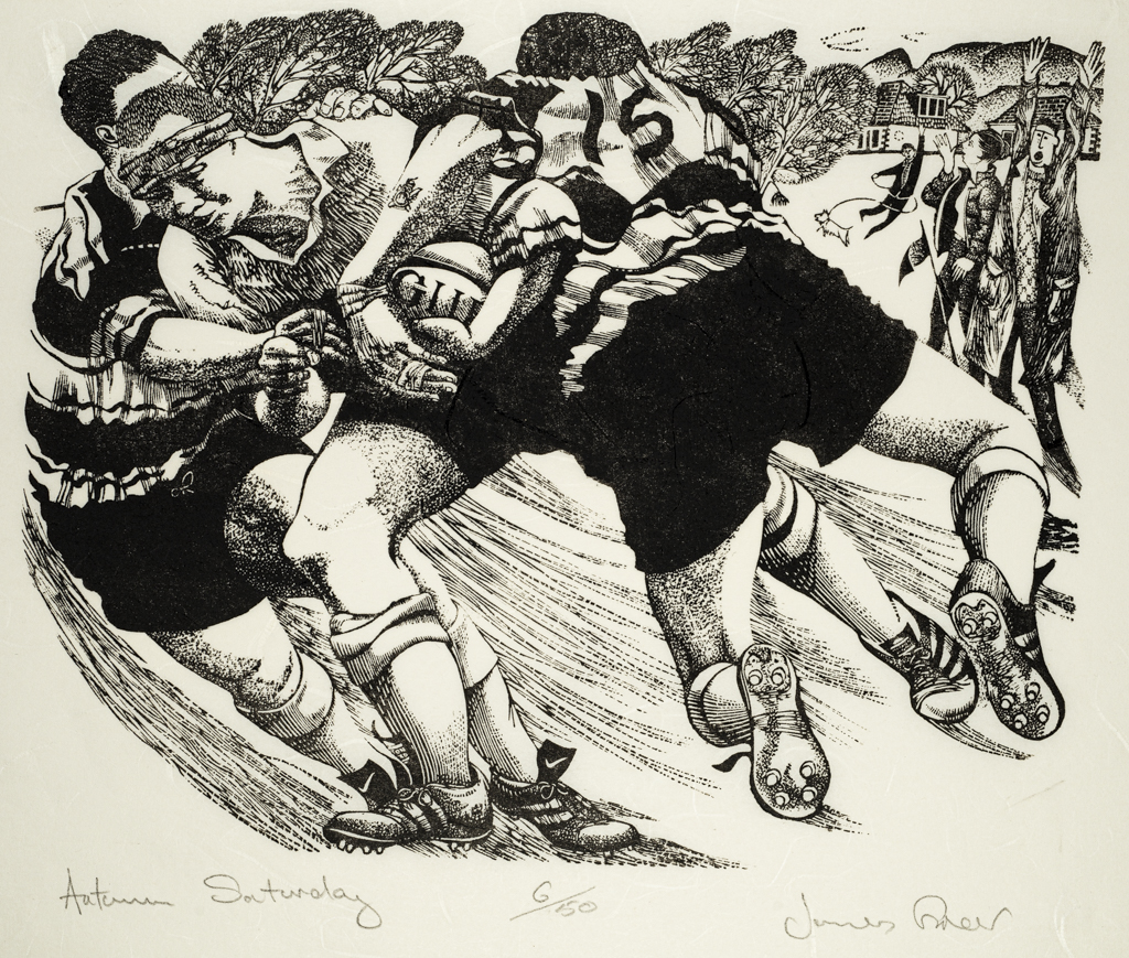 A piece of art showing rugby players