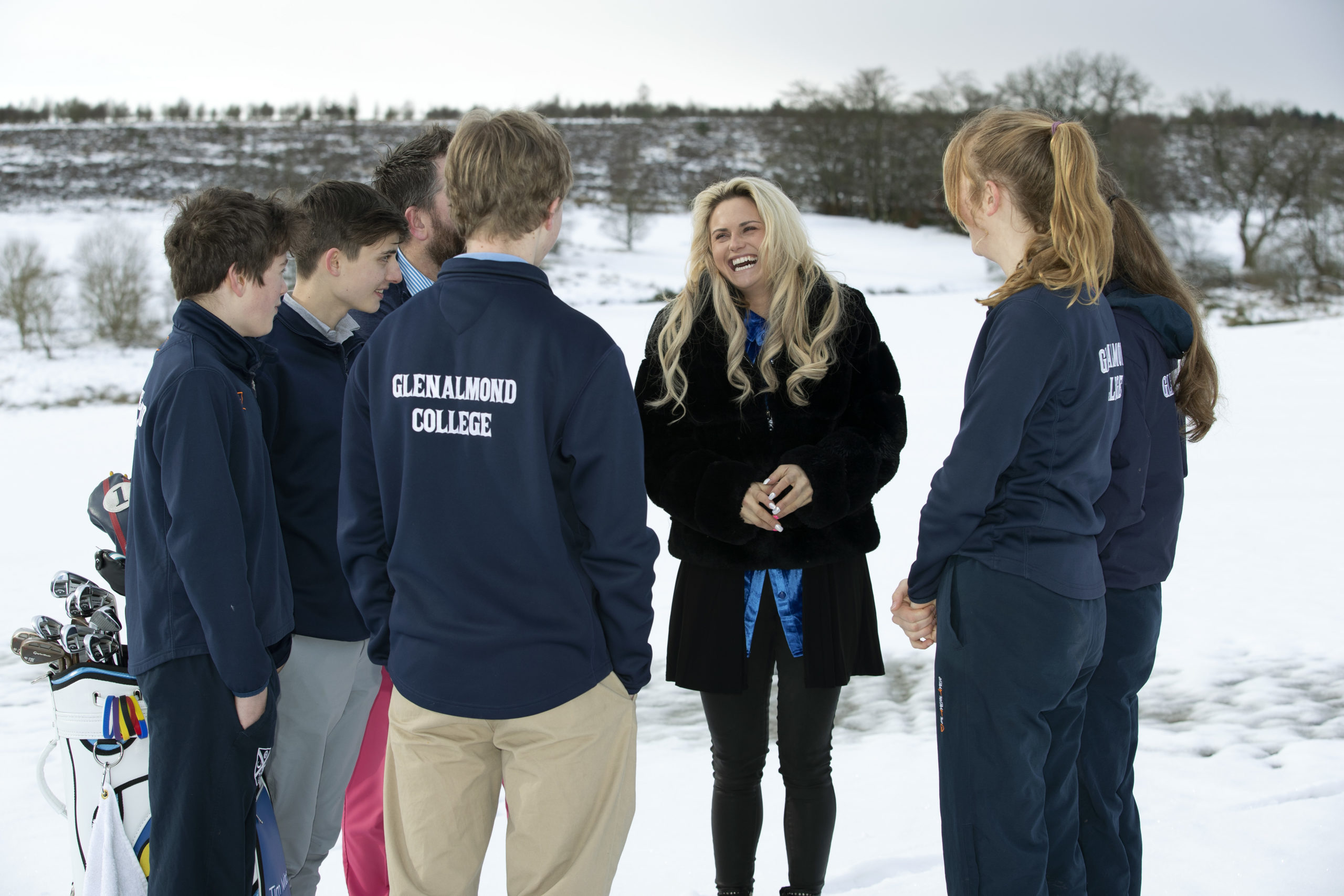 Golfer and former pupil Carly Booth on a visit back to Glenalmond College pictured talking with pupils and Tim Mitchell Head of Golf at Glenalmond College.
Picture by Graeme Hart.
Copyright Perthshire Picture Agency
Tel: 01738 623350  Mobile: 07990 594431