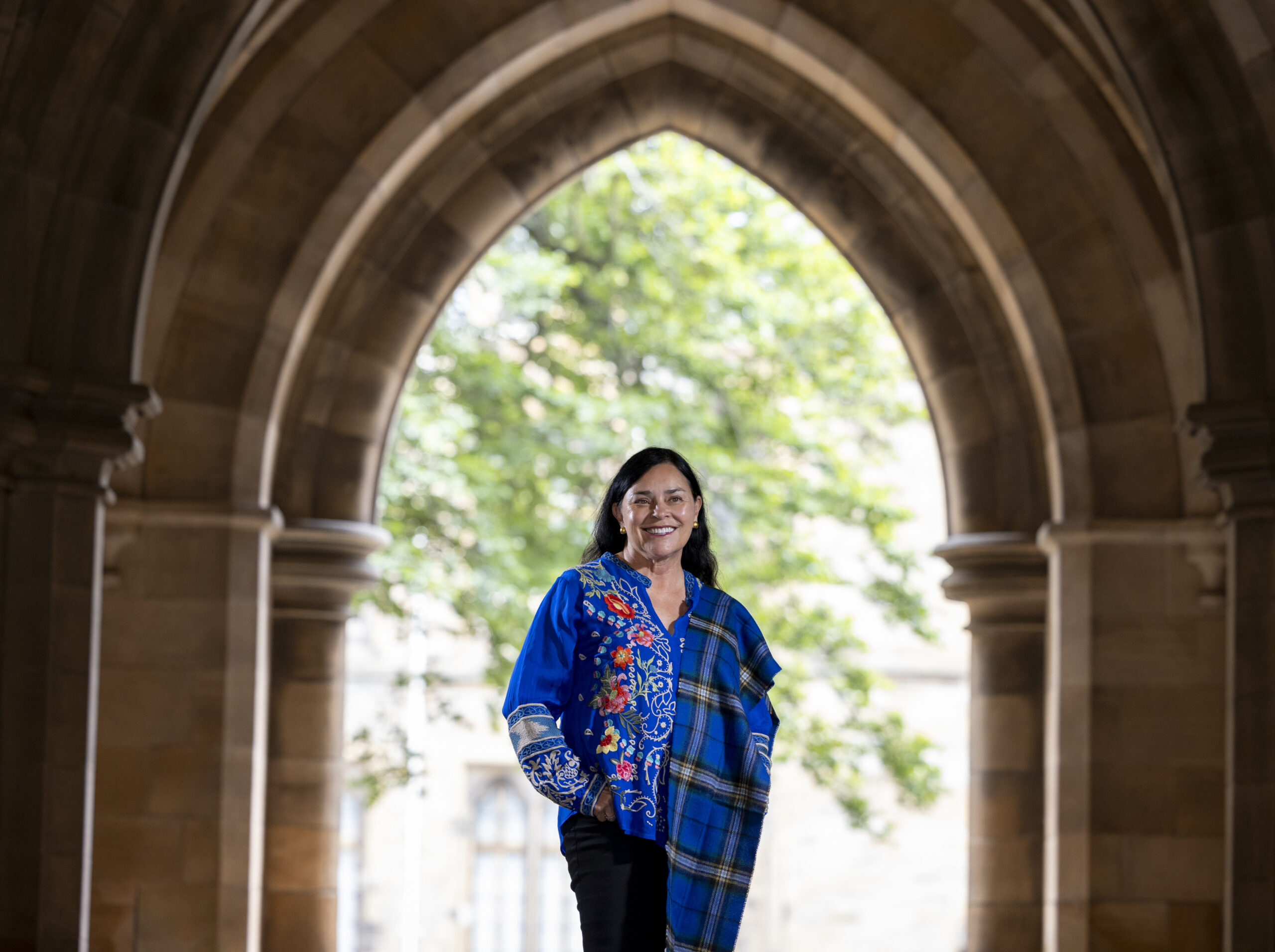 Outlander author Diana Gabaldon today in the cloisters  at the University of Glasgow. Credit: Martin Shields