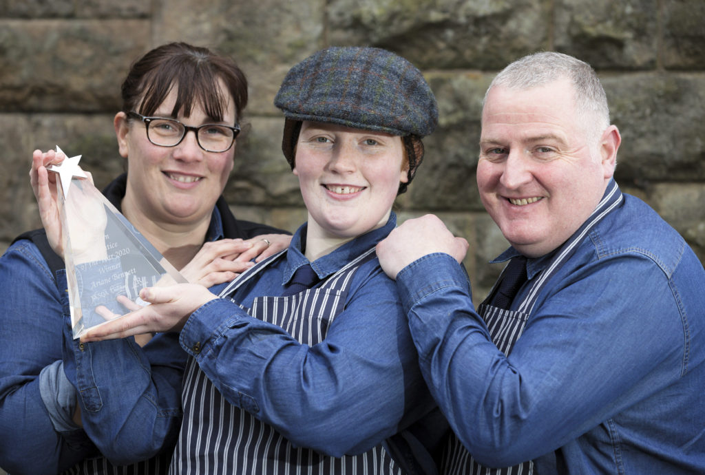 FREE TO USE PHOTOGRAPHScottish Craft Butchers Training Awards.SVQ level 2 candidate of the year winner Ariane Bennett of DH Robertson butchers in Arbroath pictured with her mum and dad Pamela and Stevensee press release by Maureen Young..07778 779888Picture by Graeme Hart.Copyright Perthshire Picture AgencyTel: 01738 623350  Mobile: 07990 594431