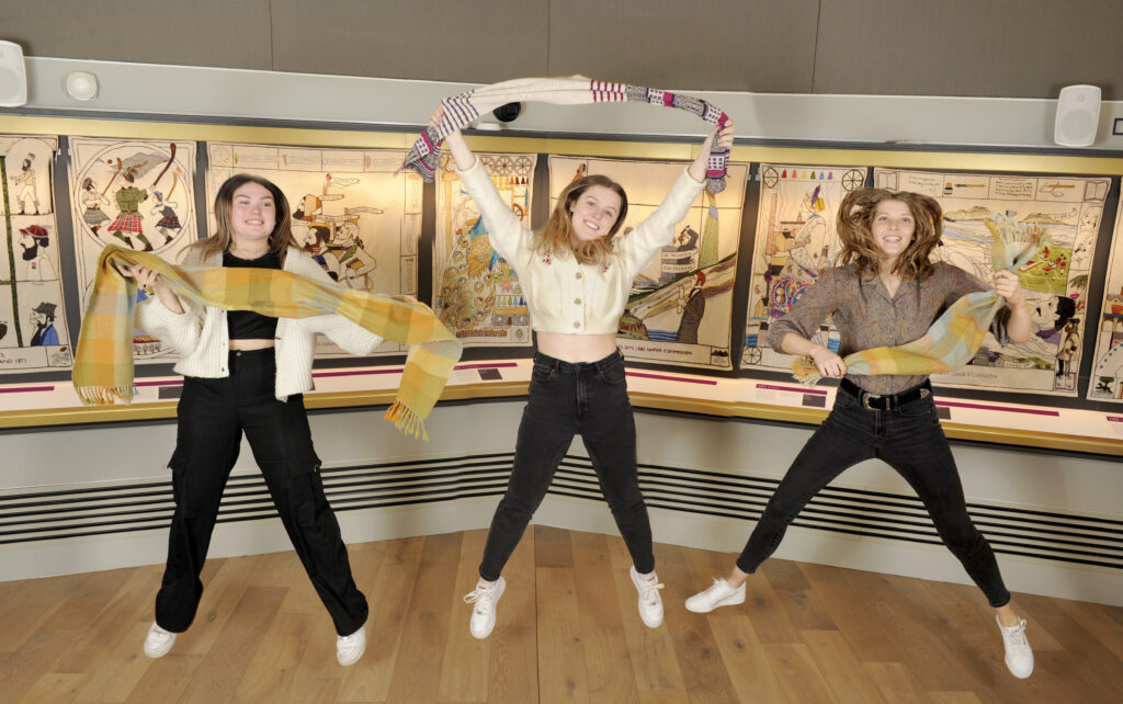 HWU Students at Great Tapestry of Scotland, Galashiels, Scottish Borders, 16/06/2022:
Heriot Watt University textiles and interiors students (from left) are: Kaci McEwan, Emma Kilpatrick and Claire Kennedy. 
Photography for Live Borders from: Colin Hattersley Photography - www.colinhattersley.com - cphattersley@gmail.com - 07974 957 388.