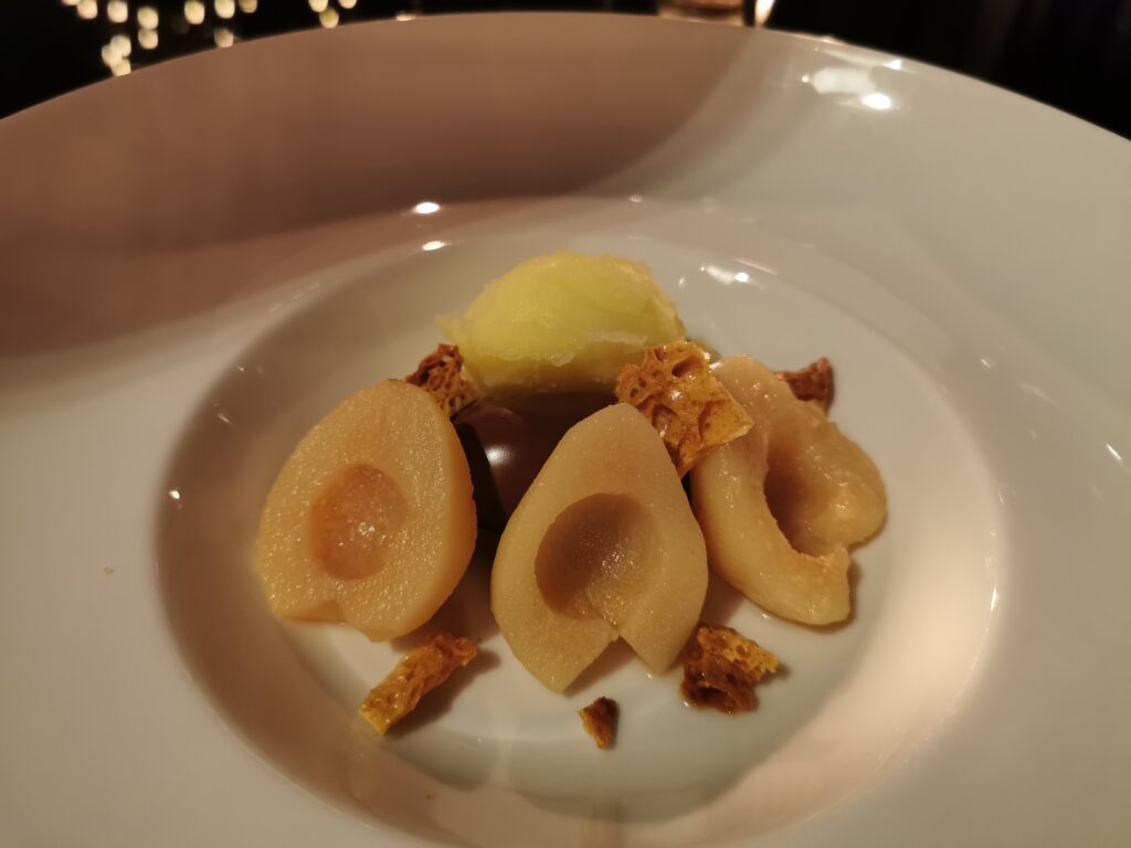 Pears at Rhubarb restaurant in Prestonfield House