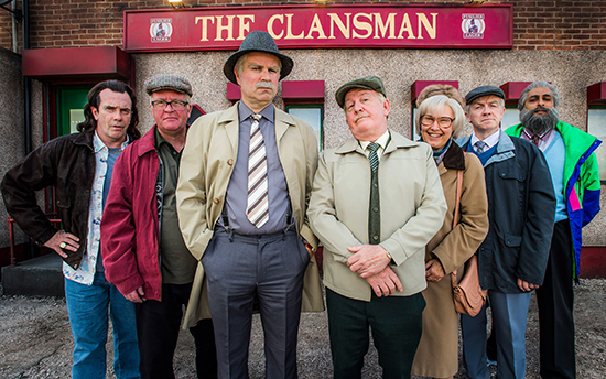 Programme Name: Still Game S8 - TX: n/a - Episode: Still Game - Generics (No. n/a) - Picture Shows: (l/r) Boabby (GAVIN MITCHELL), Winston (PAUL RILEY), Victor (GREG HEMPHILL), Jack (FORD KIERNAN), Isa (JANE MCCARRY), Tam (MARK COX), Navid (SANJEEV KOHLI) - (C) BBC Studios - Photographer: Alan Peebles