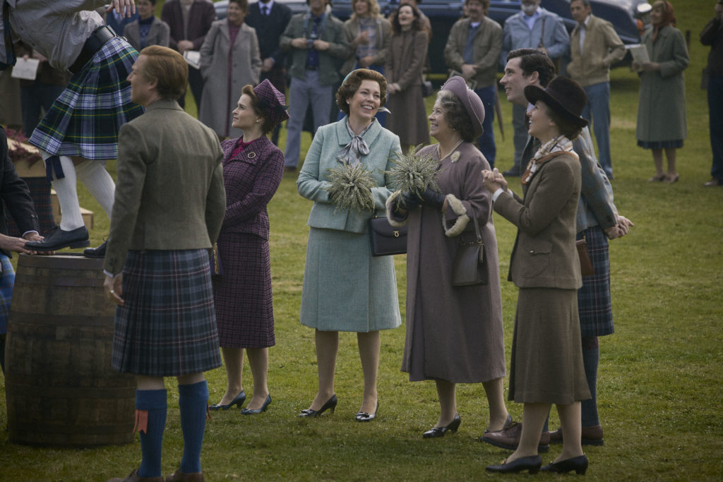 The Crown S4. Picture shows: Prince Philip (TOBIAS MENZIES), Princess Margaret (HELENA BONHAM CARTER), Queen Elizabeth II (OLIVIA COLMAN), Queen Mother (MARION BAILEY), Prince Charles (JOSH O CONNOR) and Princess Anne (ERIN DOHERTY). Filming Location: Rothiemurchus, Scotland