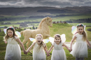LEAPING WILLOWS: (l-r) Hayley Cottle (6), Katie Wark (6), Amilia Wark (4) Murrin Houston (6) celebrate the arrival of a 7ft willow unicorn at Crawick Multiverse, Dumfries &amp; Galloway, Scotland. The sculpture, handmade by willow artist Woody Fox, has been created to  mark Scotland’s links to the mythical creature as part of National Unicorn Day (9 April). Visitors to the popular attraction will be able to meet the new addition throughout the coming months. In honour of National Unicorn Day, VisitScotland is challenging people across the country to embark on their own unicorn hunt and take a quest in search of tributes to our national animal.
Pictures by Julie Howden/Visit Scotland