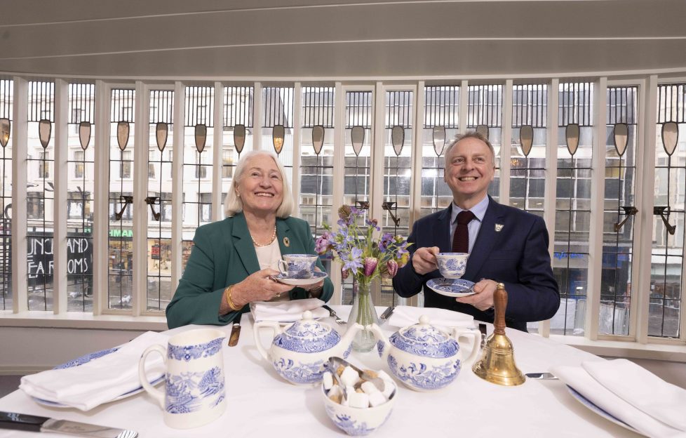 Celia Sinclair Thornquist MBE Founder and Past Chair and of the Willow Tea Rooms Trust with National Trust for Scotland Chief Executive Philip Long OBE. Gibson Digital / National Trust for Scotland.
