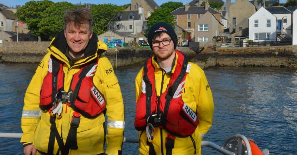 James and Lewis Burgon on Stromness RNLI Lifeboat. Credit: Richard Clubley.
