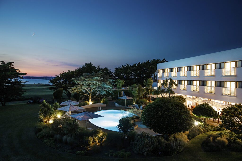 The Atlantic Hotel, Jersey by night. 