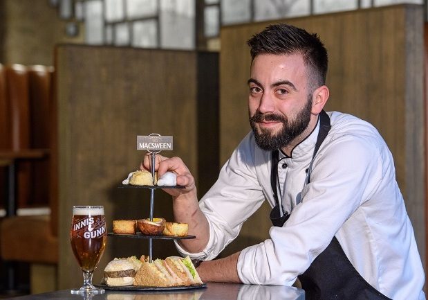Dave Johnston, Head Chef at Innis & Gunn Beer Kitchen, Edinburgh tucks into Rabbie’s Haggis Afternoon Tea 