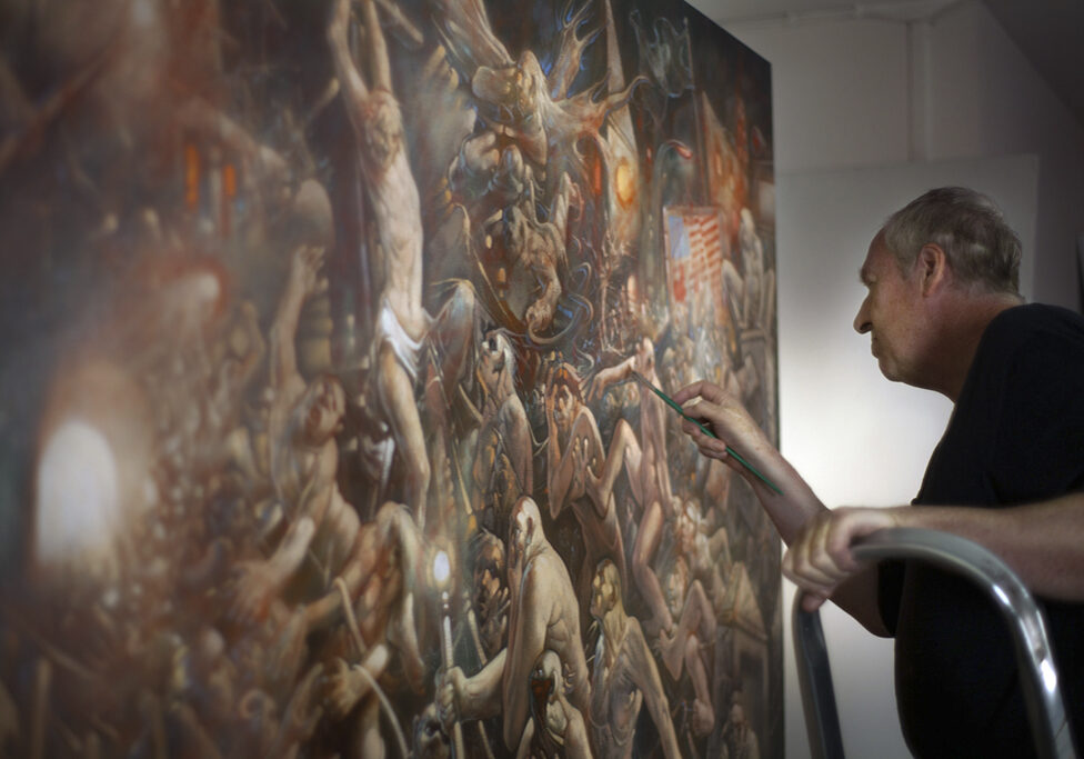 Peter Howson putting the finishing touches to his painting, Prophecy (Photo: Itch Film)