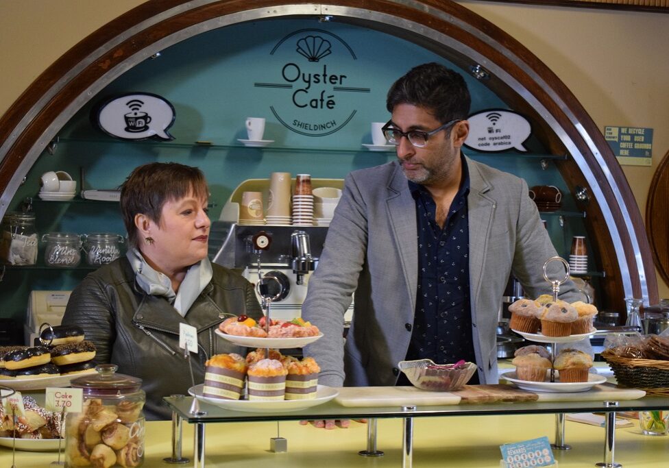 Rachel McCormack on the River City set with Sanjeev Kohli   (Photo: BBC Scotland)