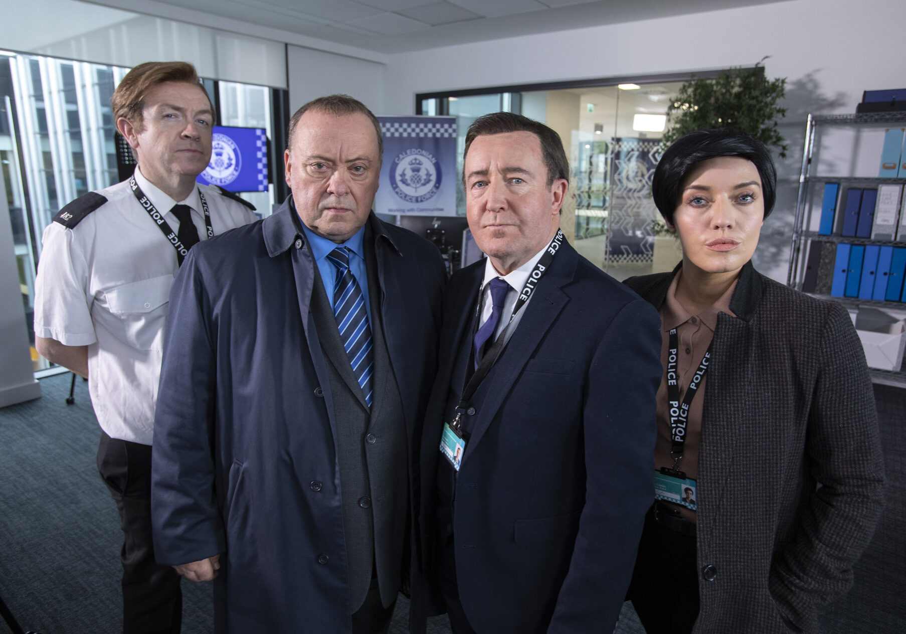 Mark Cox as a senior uniformed officer, Alex Norton as Taggart's DI Burke, Jonathan Watson as Line of Duty's DS Steve Arnott, Joy McAvoy as Line of Duty's DI Kate Fleming  (Photo: BBC Scotland)