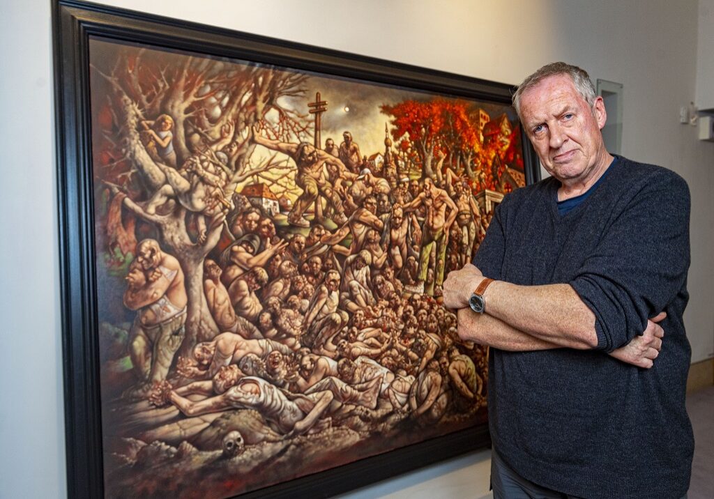 Artist Peter Howson unveils a new painting at St Mungo Museum, Glasgow to commemorate the 25th Anniversary of the Srebrenica Massacre (Photo by Bill Murray/ SNS Group)