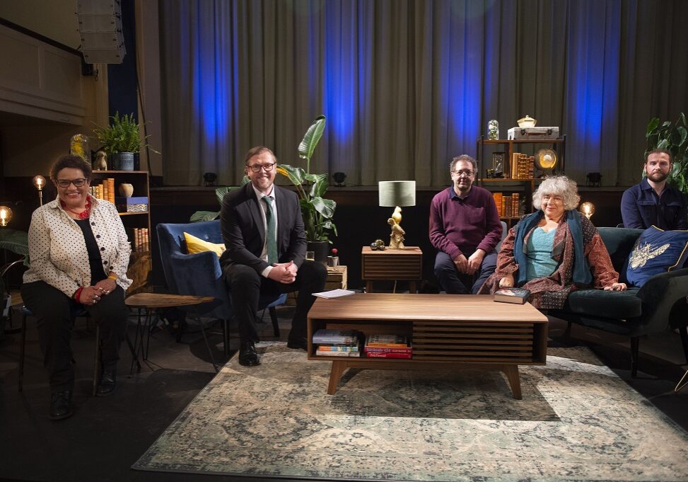 Programme Name: The Big Scottish Book Club  - TX: 05/12/2021 - Episode: n/a (No. 6/8) - Picture Shows: Jackie Kay, host Damian Barr, Pete Paphides, Miriam Margolyes, and John Gerard Fagan  - (C) IWC/Banijay - Photographer: Daisy Honeybunn