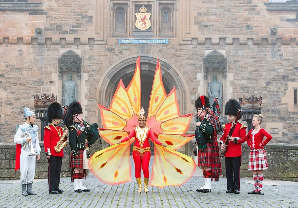 Performers from the  Trinidad * Tobago Defence Steel Orchestra  joined Highland Dancers and military pipers and drummers on the Esplanade of Edinburgh Castle (Photo: Ian Georgeson)