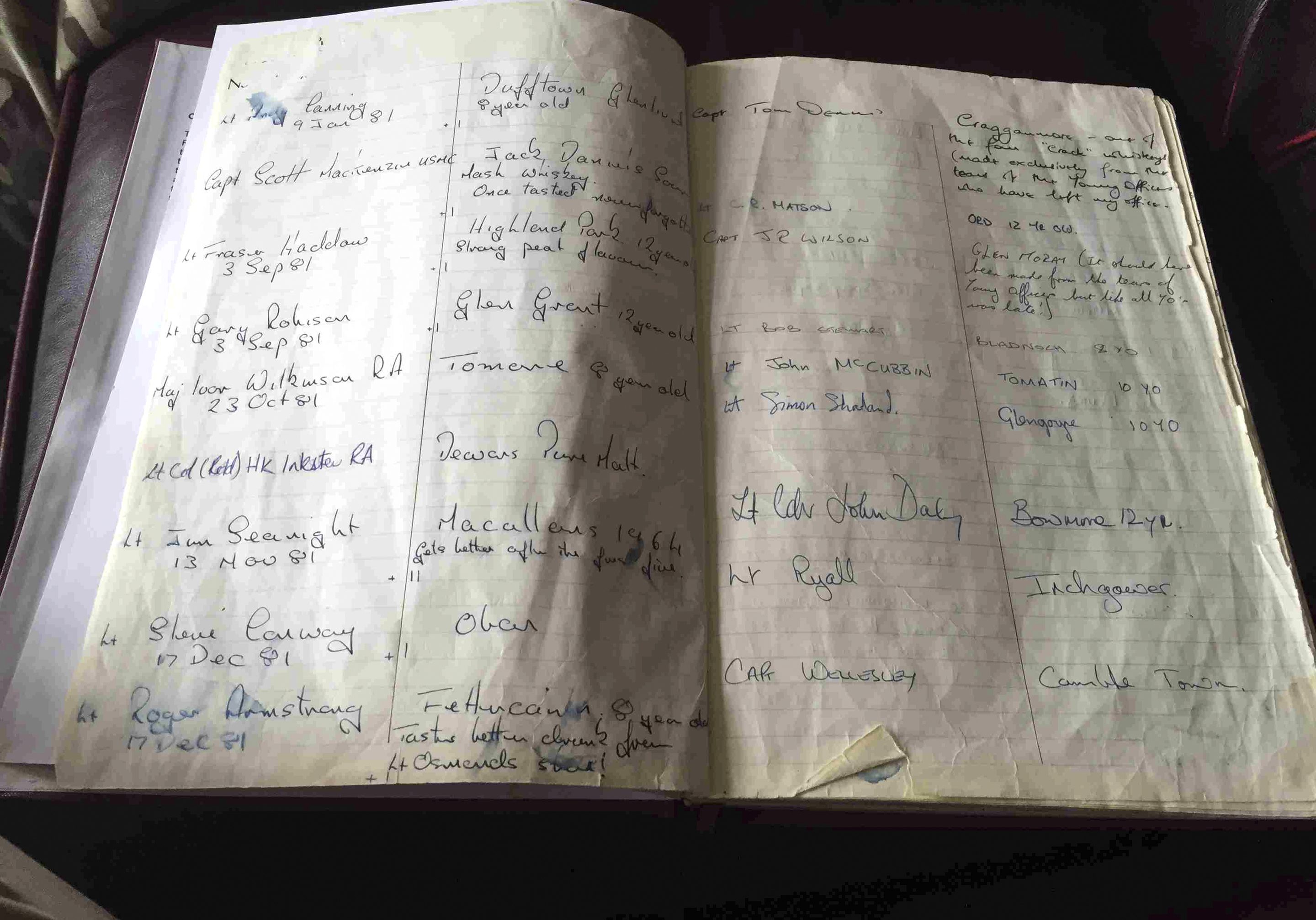 45 Commando's whisky book, listing all of the donations it has received from departing officers
