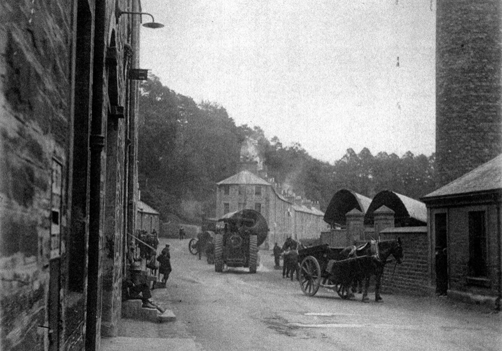 An archive image showing a horse and cart at New Lanark