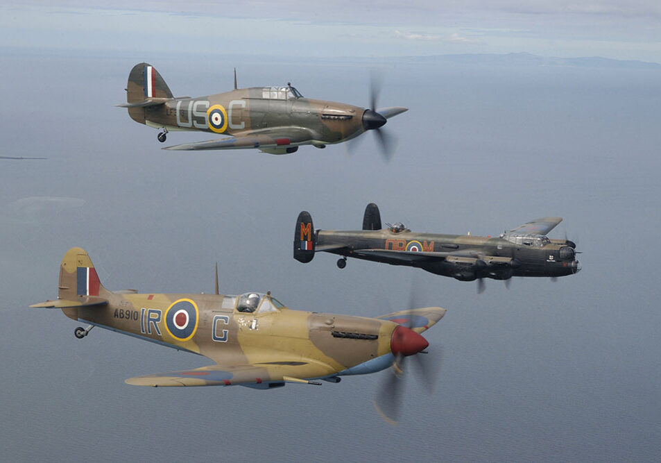 The Royal Air Forces Battle of Britain Memorial Flight, with a Spitfire, Hurrican and Lancaster