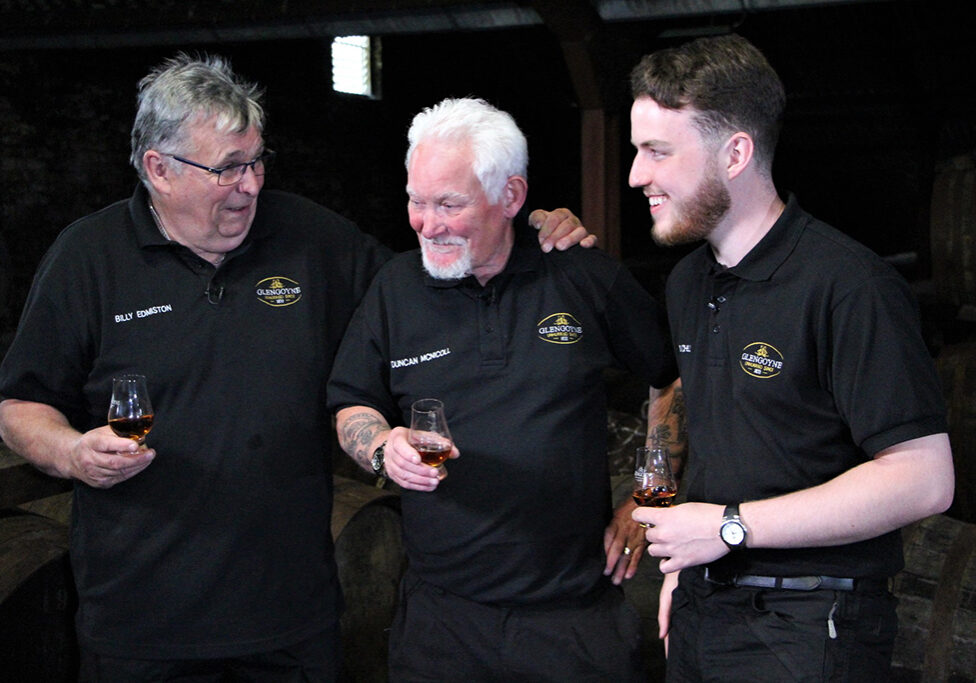 Pictured (from left) are Billy Edmiston and Duncan McNicoll, two of the original Glengoyne Teapot Drammers, sharing a whisky with Blair Mitchell. Blair is a Warehouseman at Glengoyne Distillery and, at 20 years old, is the youngest member of the Glengoyne production team.