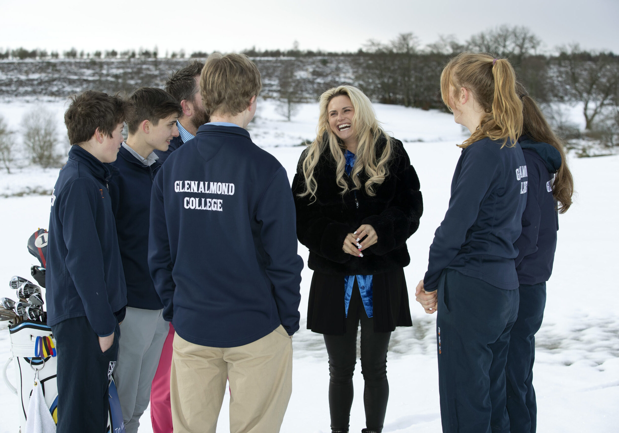 Golfer and former pupil Carly Booth on a visit back to Glenalmond College pictured talking with pupils and Tim Mitchell Head of Golf at Glenalmond College.
Picture by Graeme Hart.
Copyright Perthshire Picture Agency
Tel: 01738 623350  Mobile: 07990 594431