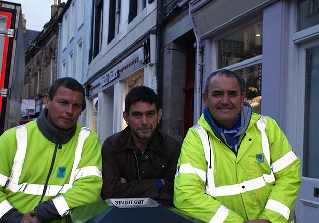 PKC waste operative, Richie Michie  Councillor Colin Stewart and PKC Waste operative Hugh Williamson 