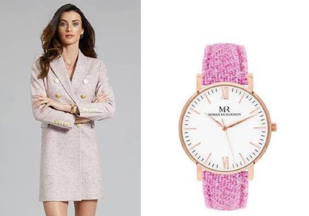 In celebration of Breast Cancer Research, the Knightsbridge Coat Dress in Anniversary Pink, £549 by Holland Cooper, and the Belvoir Watch, £189 by Morris Richardson