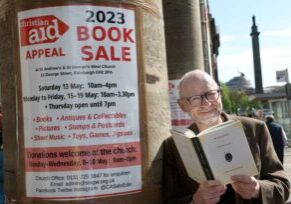 FREE PICTURE:  Book Sale Launch for Christian Aid Scotland, Edinburgh, Thur 11/05/2023:
Scotland’s biggest charity book sale opens its’ doors this weekend, Edinburgh :
Scotland’s largest and oldest charity book sale opens on Saturday (13 May 2023, 10am to 4pm) at St Andrew’s and St George’s West Church for its 51st year.  
Thousands of books in every genre will be available to browse and buy. 
  Pictured is Scottish writer James Robertson - Patron of this year’s book sale and author of The Testament Of Gideon Mack which is currently one of the the texts studied by students sitting National 5 English exams.
  This year’s sale Patron is James Robertson, award-winning Scottish author and co-founder of Itchy Coo, the Leith-based publishing house specialising in Scots language books for children and young adults.  One of Robertson’s books, “The Testament of Gideon Mack”, was long listed for the Booker Prize and is currently one of the texts studied by school pupils sitting National 5 English exams.
 More information in accompanying Press Release or from: Jo Dallas, media officer at Christian Aid Scotland - 07778 109 541- JDallas@christian-aid.org
 Photography for Christian Aid Scotland from: Colin Hattersley Photography - www.colinhattersley.com - cphattersley@gmail.com - 07974 957 388.