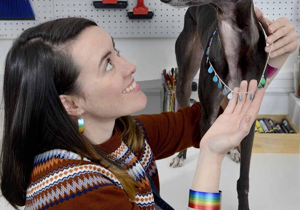 Jewellery maker Jenna McDonald, from Crieff, Perthshire - one of the artists now based at The Creative Exchange, and her whippet dog Millie, who keeps her company in her workshop studio (Photo: Colin Hattersley)
