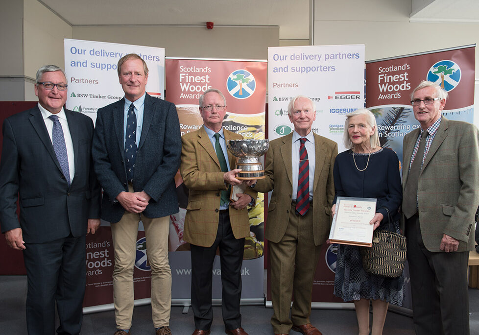 The Scotland's Finest Woods Awards with Fergus Ewing MSP, Tim Mack and Mark Crichton Maitland of Elderslie Estates, Robert and Julia Hunt-Grubbe of the Hunt-Grubbe Family Trust, and Tom McLellan of Fyne Forestry