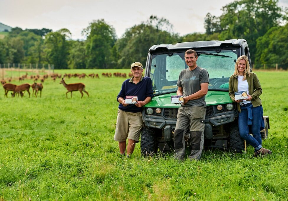 DUNKELD, UK - 2021:  Strathmore Foods, one of UK???s leading ready meal manufacturers, is launching a new brand of venison ready meals, Findowie Farmhouse.  The brand is named after the farm where the venison for these products is reared ??? Meikle Findowie, near Dunkeld in Perthshire. This farm is owned and operated by the Nisbet family who own and run Strathmore Foods. Pictured Colin Nisbet - Founder, with daughter Julie Nisbet - Managing Director and son Douglas Nisbet - Operations Director. (Photograph: MAVERICK PHOTO AGENCY)