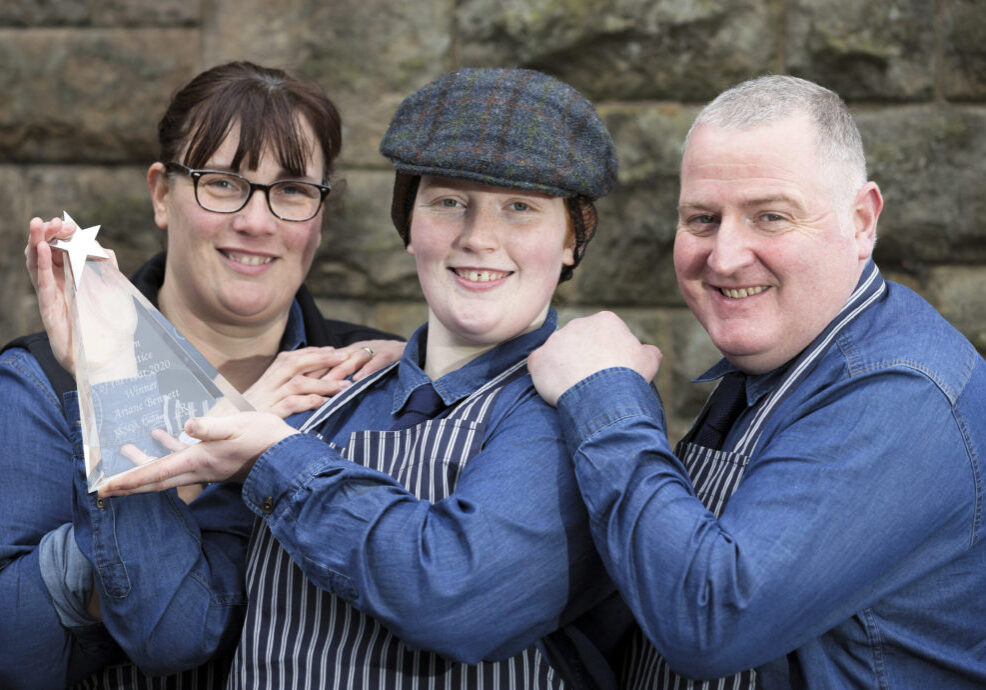 FREE TO USE PHOTOGRAPHScottish Craft Butchers Training Awards.
SVQ level 2 candidate of the year winner Ariane Bennett of DH Robertson butchers in Arbroath pictured with her mum and dad Pamela and Steven
see press release by Maureen Young..07778 779888
Picture by Graeme Hart.
Copyright Perthshire Picture Agency
Tel: 01738 623350  Mobile: 07990 594431