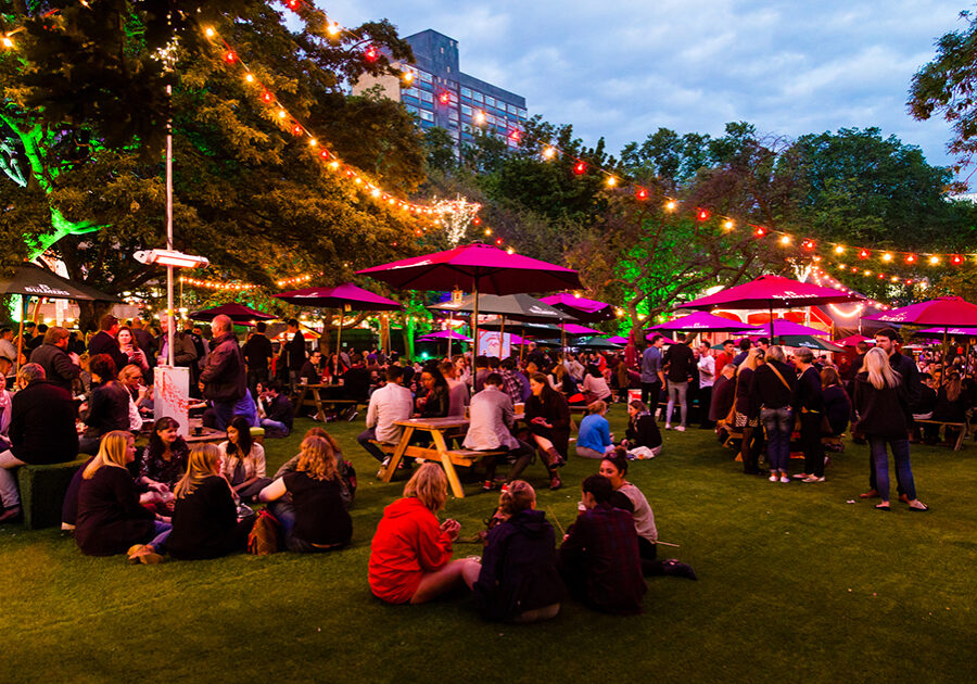 Visitors enjoying the Edinburgh Food Festival on a pleasant summer evening