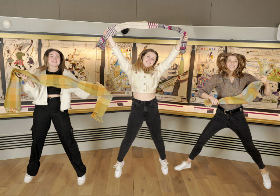 HWU Students at Great Tapestry of Scotland, Galashiels, Scottish Borders, 16/06/2022:
Heriot Watt University textiles and interiors students (from left) are: Kaci McEwan, Emma Kilpatrick and Claire Kennedy. 
Photography for Live Borders from: Colin Hattersley Photography - www.colinhattersley.com - cphattersley@gmail.com - 07974 957 388.