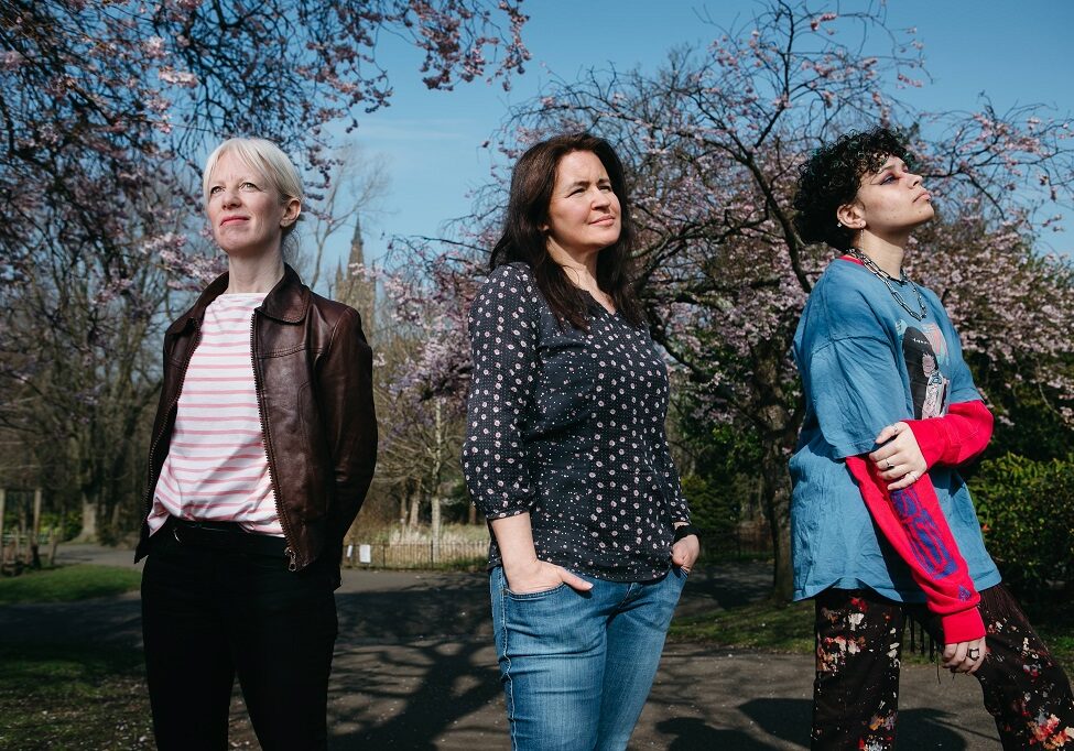 FREE TO USE PUBLICITY PICS. 23/3/2022. Dandelion Festivals announcement, at Kelvingrove Park, Glasgow. Pic shows: members of "Hen Hoose" collective, L-R: Signy, Emma Pollock, and Jayda.