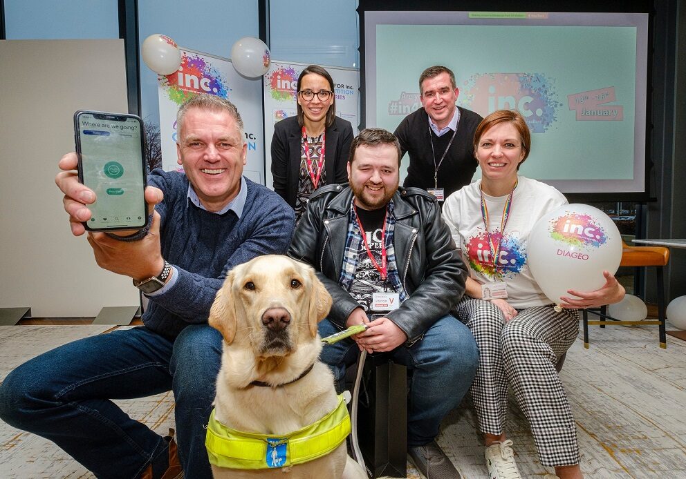 (From left) Gavin Neate, CEO and founder of Neatebox, Carolina Melendez, customer success advisor at Neatebox, Neatebox service user Jon Attenbourgh with his guide dog Sam, Adam Mair, brewing and packaging director at Diageo, and Heather Pritchard, HRBP strategic projects at Diageo
