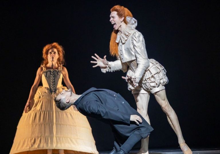 L to R Charlotta Öfverholm as Older Elizabeth, Thomas Edwards as Walsingham and Harvey Littlefield as Younger Elizabeth in Scottish Ballet’s Mary, Queen of Scots. Credit Andy Ross 4-medium L to R Charlotta Öfverholm as Older Elizabeth, Thomas Edwards as Walsingham and Harvey Littlefield as Younger Elizabeth in Scottish Ballet’s Mary, Queen of Scots. Credit Andy Ross 4-medium