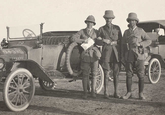 Captain William Leith-Ross (centre) with two colleagues during the Jezireh Reconnaissance, March 1917