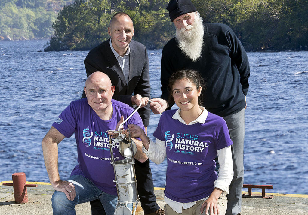 A new investigation to uncover anything unusual lurking in Loch Ness has begun. Pictured are (L-R back) – Chris Taylor, VisitScotland Regional Leadership Director, Adrian Shine, Leader of the Loch Ness Project, (front) Professor Neil Gemmell, leader of the Super Natural History Team, and Christina Lynggaard, member of the Super  Natural        History Team (Photo: Trevor Martin)