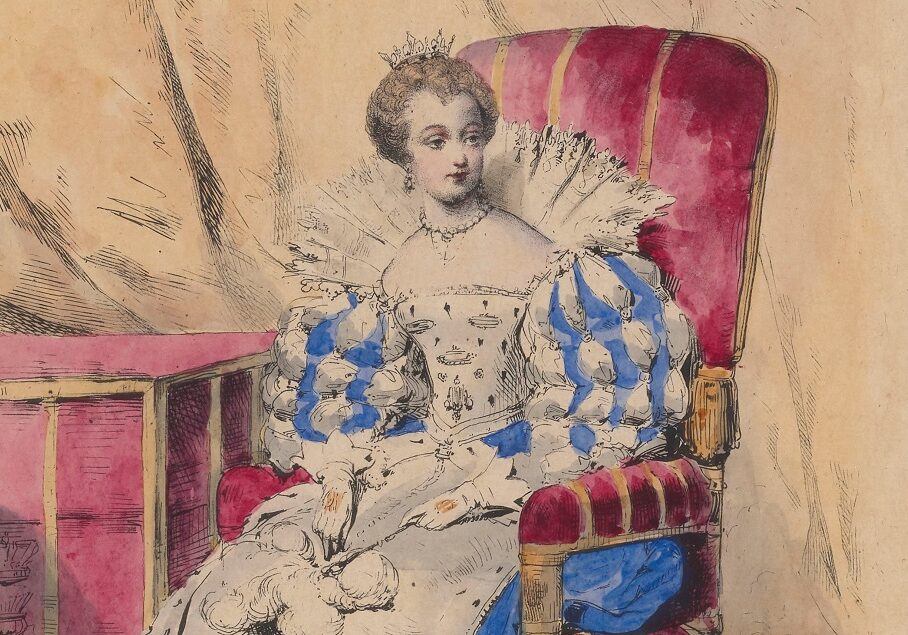 A coloured lithograph from a series depicting a Mary, Queen of Scots-themed mask ball held in France. Produced in 1829.
