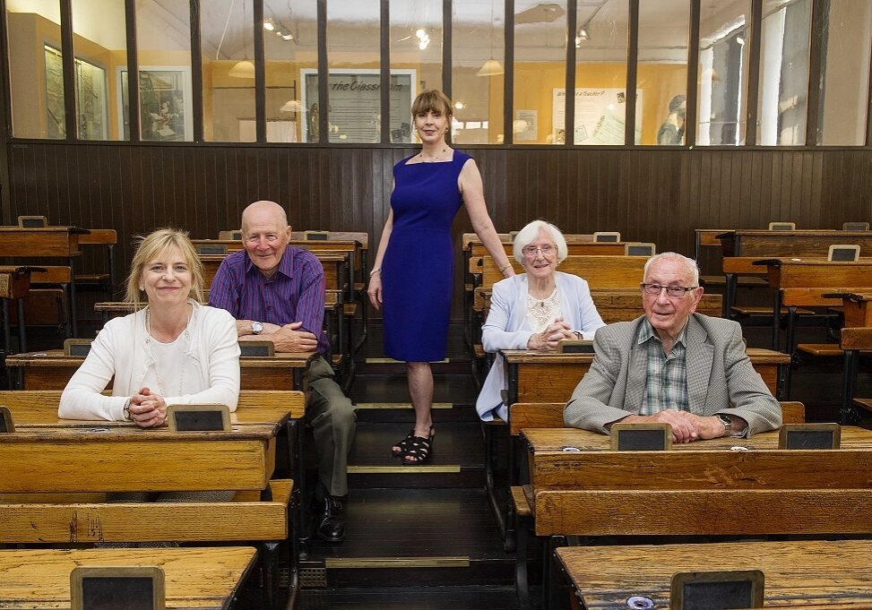 Scottish artist and filmmaker Margaret Moore (standing) and former pupils (left to right) Ruth Sills, William Everitt, Nan Tindle and Alex McKinlay