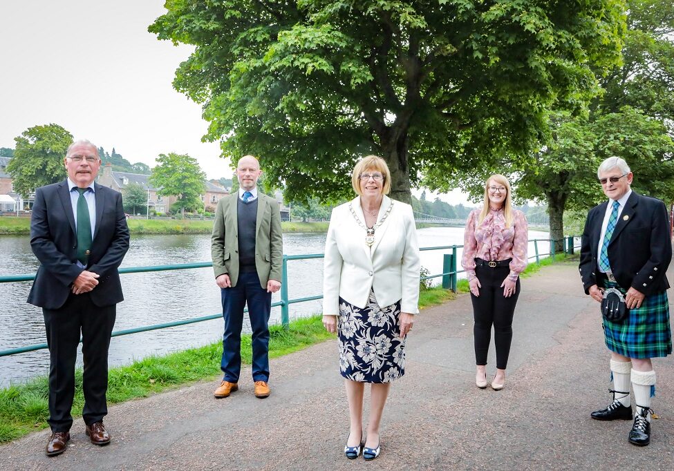 Celebrating the arrival of the Mod in Inverness are (from left) Norrie Mackay - Vice Convener of the Local Organising Committee, Councillor Calum Munro (Chair of the Gaelic Committee), Mairi Macdonald - Local Organising Committee , Depute Provost Councillor McAllister, Allan Campbell - President of An Comunn Gaidhealach 