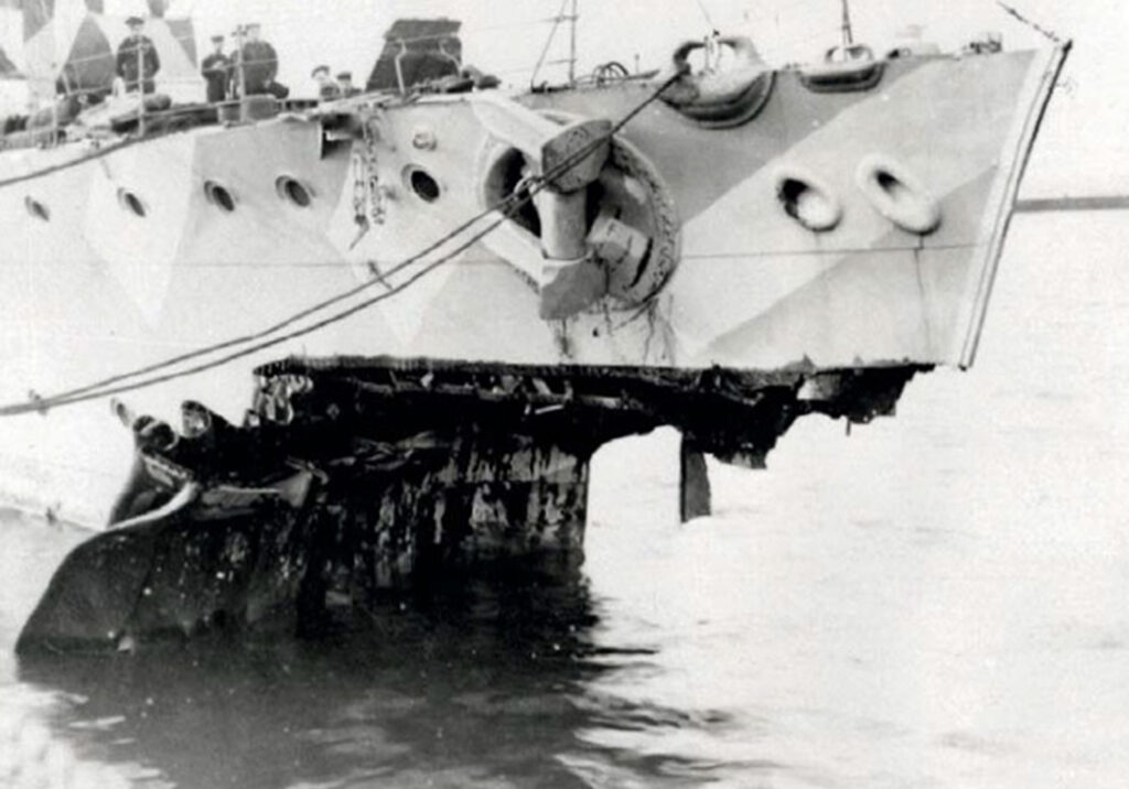 The torn bow of the  K17, sunk after HMS Fearless smashed into her in the dark