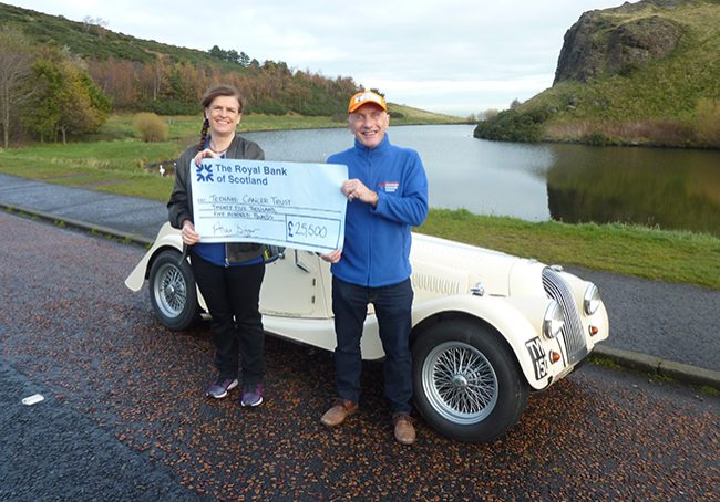 Alan Biggar presents the cheque for £25,500 to Emma Vickerstaff, regional fundraiser East of Scotland, Teenage Cancer Trust