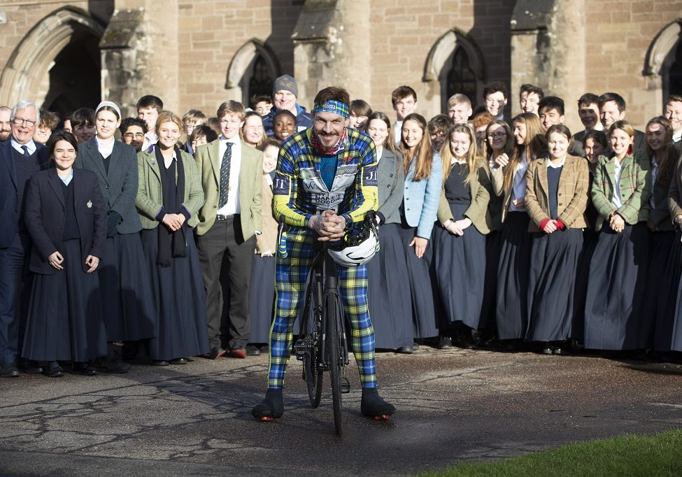 Glenalmond College staff and pupils meet former student Rob Wainwright ahead of his charity cycle (Photo: Graeme Hart / Perthshire Picture Agency)