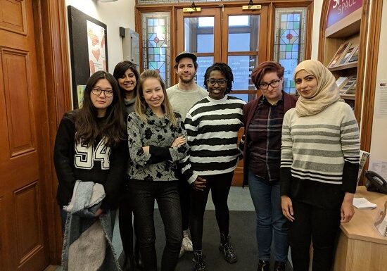 Pictured are seven of the students responsible for the exhibition (from left) Si Yeon Seong, Kanupriya Sharma, Anna Venturini, Alex Cohen, Sabrina Parker, Tina Conte and Asma Aljailani