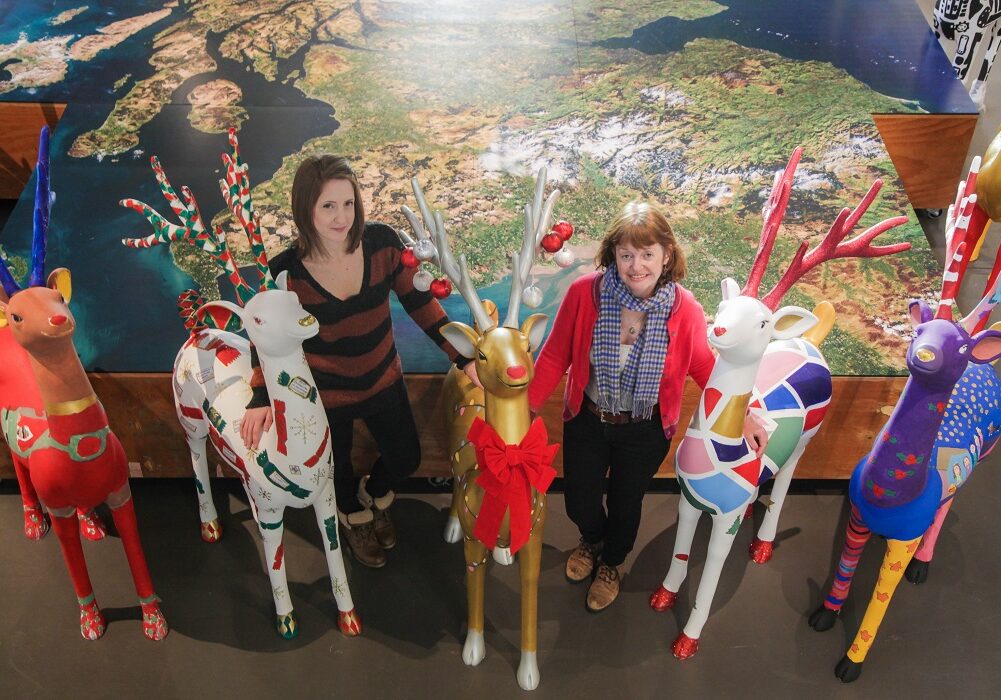Reindeer with Ashley Runciman (left) and Mags Fenner of Go Forth Stirling (Photo:  Janie Meikle Bland)