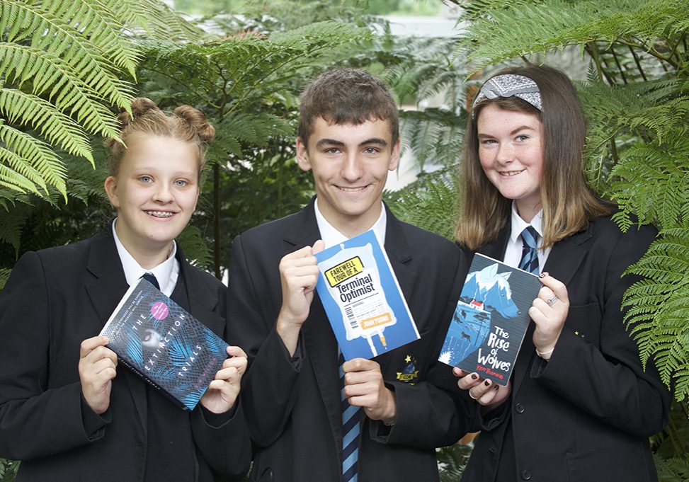 SCOTTISH TEENAGE BOOK PRIZE SHORTLIST S5 students from Craigroyston High in Edinburgh with the finalists, S M Wilson for The Extinction Trials, John Young for Farewell Tour of a Terminal Optimist, and Kerr Thomson for The Rise of Wolves
(Photo: Rob McDougall)