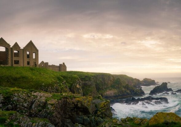 Slains Castle, also known as New Slains Castle is a ruined castle in Aberdeenshire. It overlooks the North Sea from its cliff-top site 1 kilometre east of Cruden Bay. The core of the castle is a 16th-century tower house, built by the 9th Earl of Erroll. Bram Stoker once stayed in the Castle, using it as inspiration for his story, Dracula.