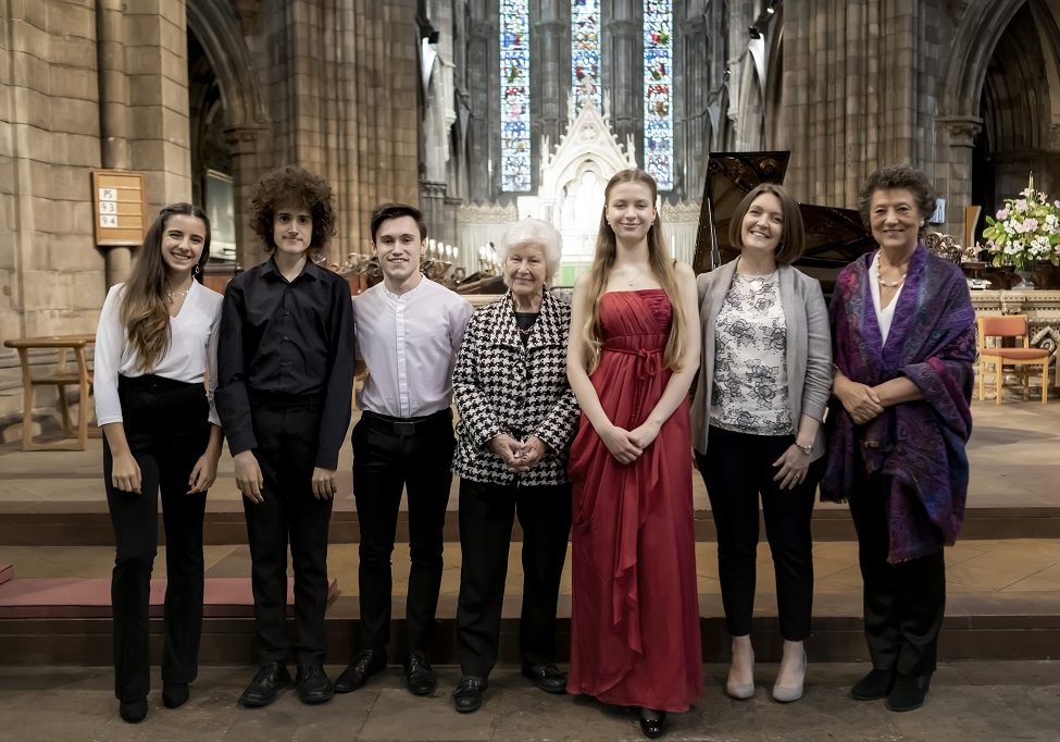 The finalists and judges at the St Mary’s Music School Directors’ Recital Prize 2019.  From left to right:  Sofia-Ros Gonzales, Fraser Mason, Finn Mannion, Sheila Colvin,  Marie-Sophie Baumgartner, Jo Buckley and Maureen Morrison